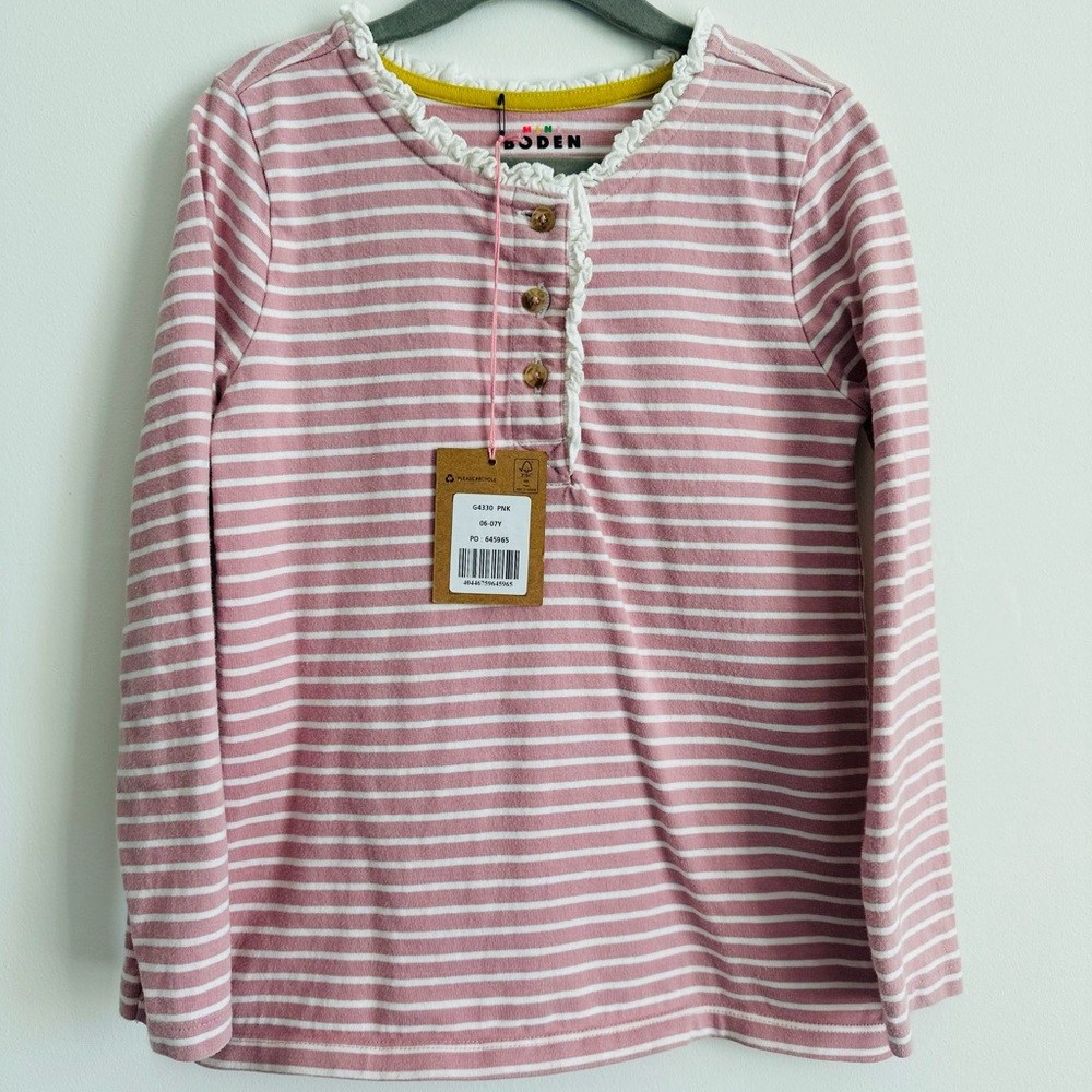 BODEN Girls Pink and White Striped Long Sleeve Henley Size 6-7Y